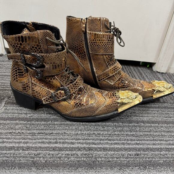 Aomi Shoes Snakeskin Western Gothic Boots w/ Gold Dragon Toe & Buckle Straps Men main image 5